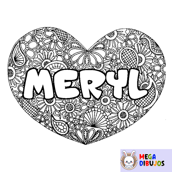 Coloraci&oacute;n del nombre MERYL - decorado mandala de coraz&oacute;n