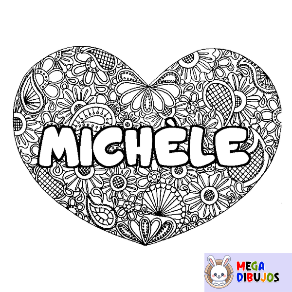Coloraci&oacute;n del nombre MICH&Egrave;LE - decorado mandala de coraz&oacute;n