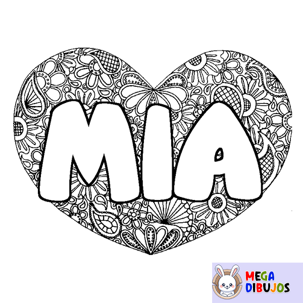 Coloraci&oacute;n del nombre MIA - decorado mandala de coraz&oacute;n