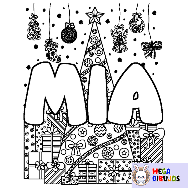 Coloraci&oacute;n del nombre MIA - decorado &aacute;rbol de Navidad y regalos