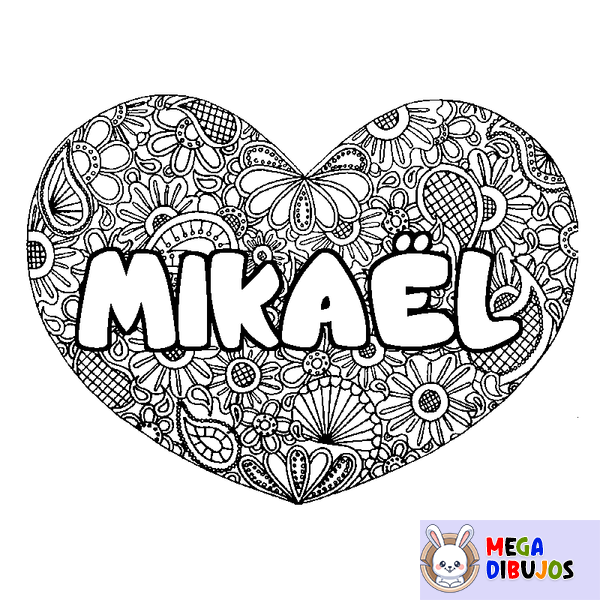 Coloraci&oacute;n del nombre MIKA&Euml;L - decorado mandala de coraz&oacute;n