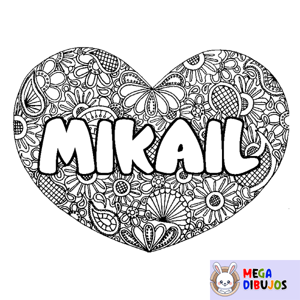 Coloraci&oacute;n del nombre MIKAIL - decorado mandala de coraz&oacute;n