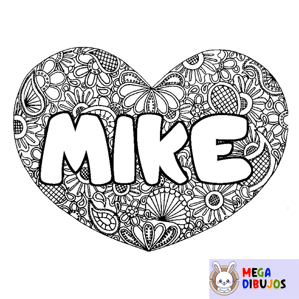 Coloraci&oacute;n del nombre MIKE - decorado mandala de coraz&oacute;n