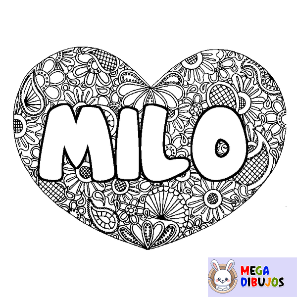 Coloraci&oacute;n del nombre MILO - decorado mandala de coraz&oacute;n