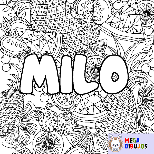 Coloraci&oacute;n del nombre MILO - decorado mandala de frutas