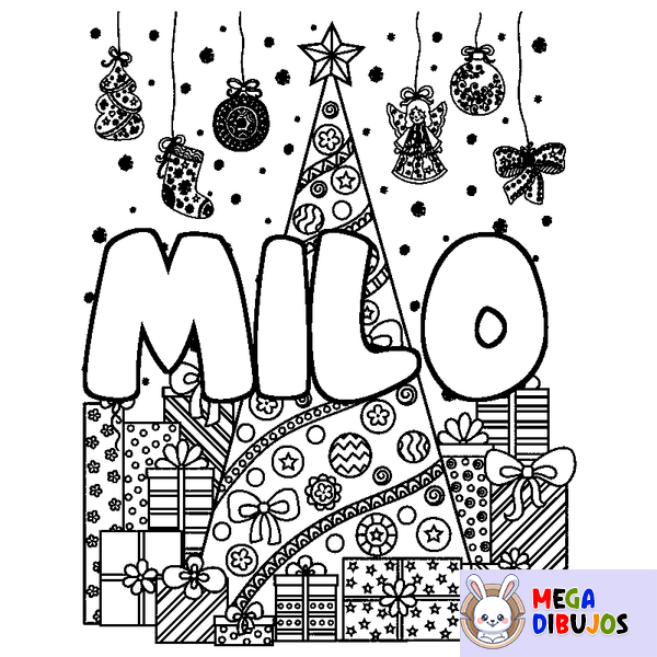 Coloraci&oacute;n del nombre MILO - decorado &aacute;rbol de Navidad y regalos