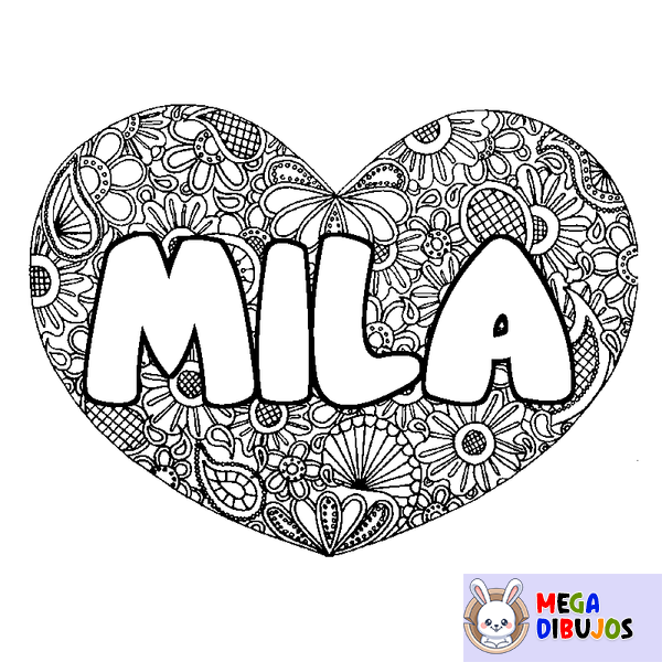 Coloraci&oacute;n del nombre MILA - decorado mandala de coraz&oacute;n