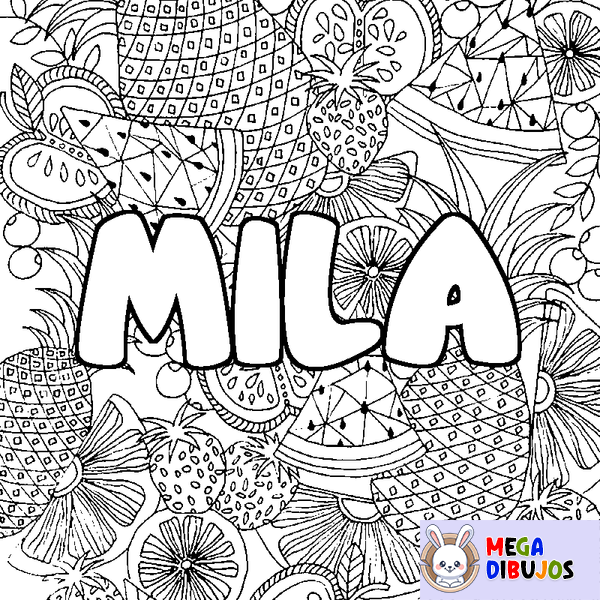 Coloraci&oacute;n del nombre MILA - decorado mandala de frutas