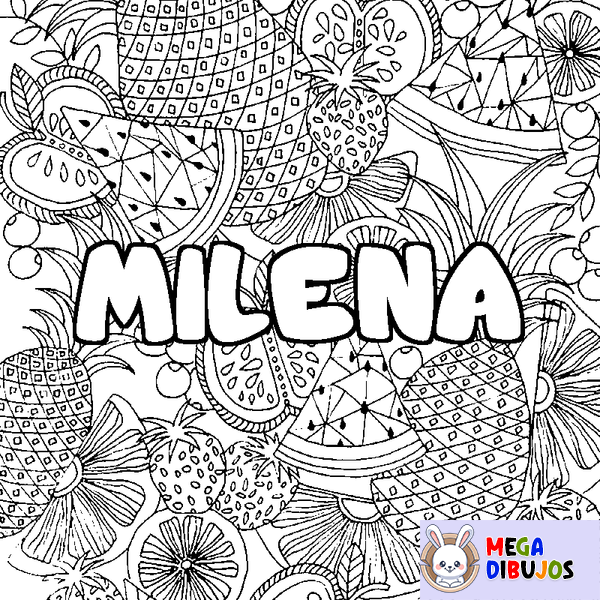 Coloraci&oacute;n del nombre MILENA - decorado mandala de frutas