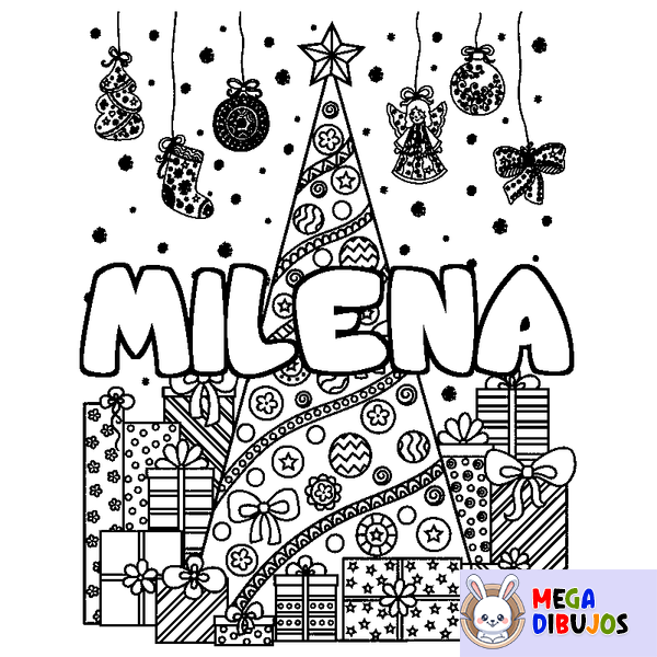 Coloraci&oacute;n del nombre MILENA - decorado &aacute;rbol de Navidad y regalos