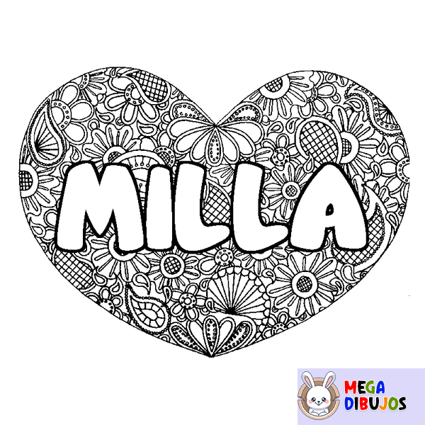 Coloraci&oacute;n del nombre MILLA - decorado mandala de coraz&oacute;n