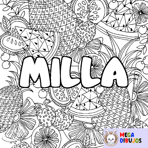 Coloraci&oacute;n del nombre MILLA - decorado mandala de frutas