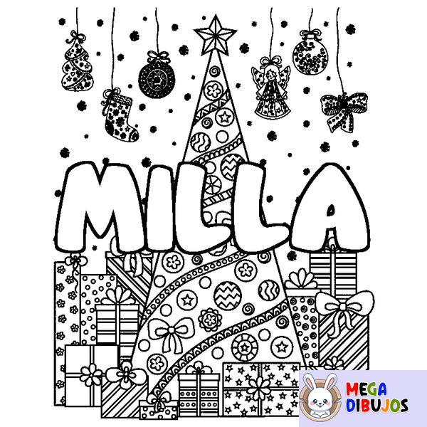 Coloraci&oacute;n del nombre MILLA - decorado &aacute;rbol de Navidad y regalos