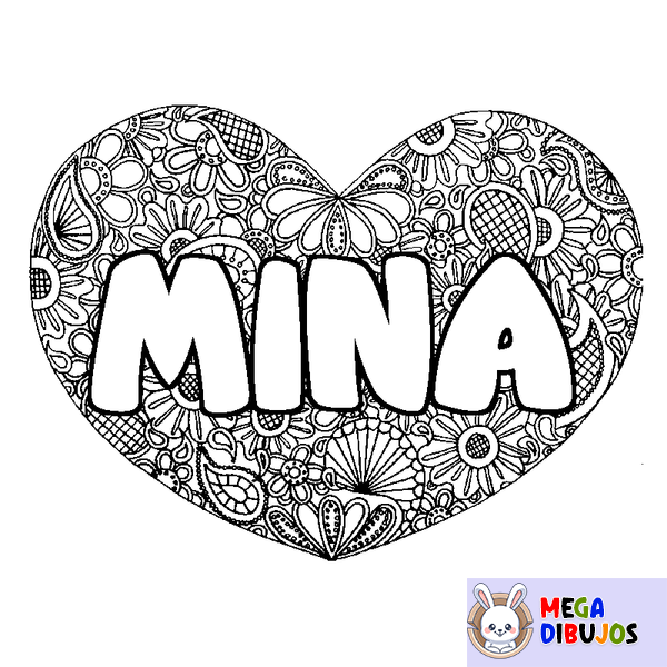 Coloraci&oacute;n del nombre MINA - decorado mandala de coraz&oacute;n