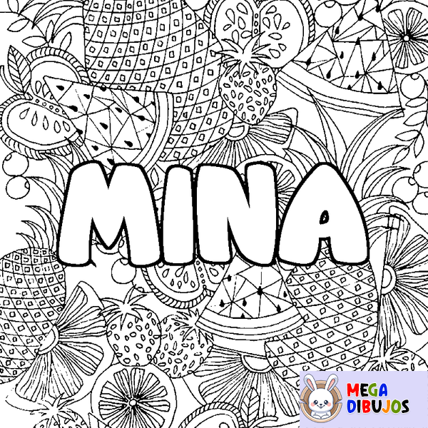 Coloraci&oacute;n del nombre MINA - decorado mandala de frutas