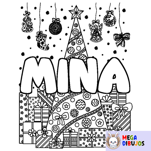 Coloraci&oacute;n del nombre MINA - decorado &aacute;rbol de Navidad y regalos