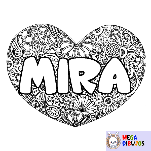 Coloraci&oacute;n del nombre MIRA - decorado mandala de coraz&oacute;n