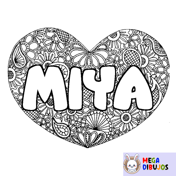 Coloraci&oacute;n del nombre MIYA - decorado mandala de coraz&oacute;n