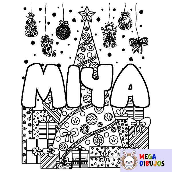 Coloraci&oacute;n del nombre MIYA - decorado &aacute;rbol de Navidad y regalos