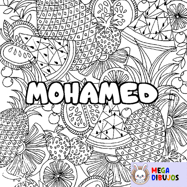 Coloraci&oacute;n del nombre MOHAMED - decorado mandala de frutas