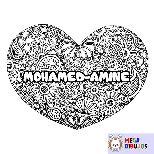 Coloraci&oacute;n del nombre MOHAMED-AMINE - decorado mandala de coraz&oacute;n