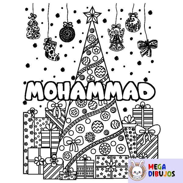 Coloraci&oacute;n del nombre MOHAMMAD - decorado &aacute;rbol de Navidad y regalos