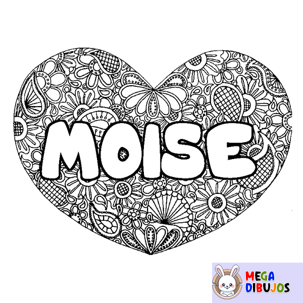 Coloraci&oacute;n del nombre MOISE - decorado mandala de coraz&oacute;n