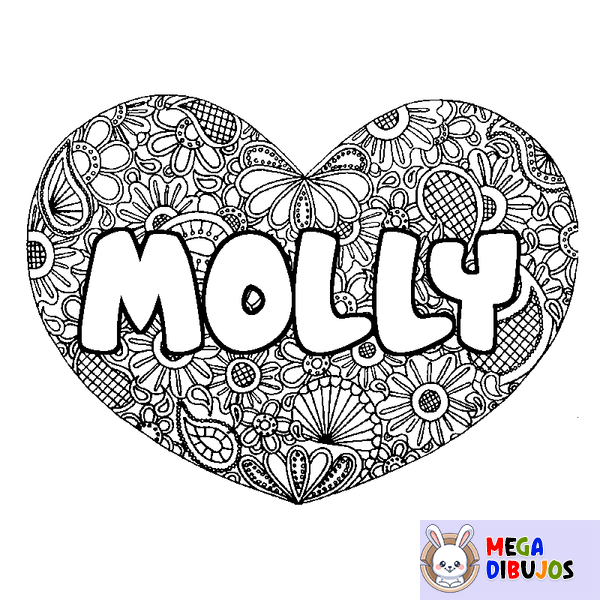 Coloraci&oacute;n del nombre MOLLY - decorado mandala de coraz&oacute;n