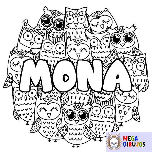 Coloraci&oacute;n del nombre MONA - decorado b&uacute;hos