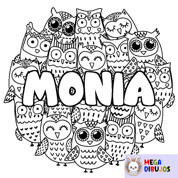 Coloraci&oacute;n del nombre MONIA - decorado b&uacute;hos