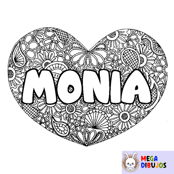 Coloraci&oacute;n del nombre MONIA - decorado mandala de coraz&oacute;n