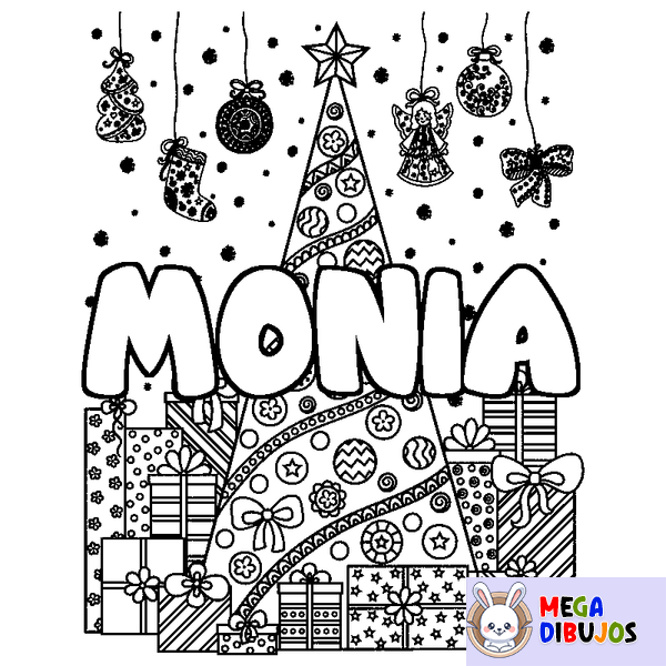 Coloraci&oacute;n del nombre MONIA - decorado &aacute;rbol de Navidad y regalos