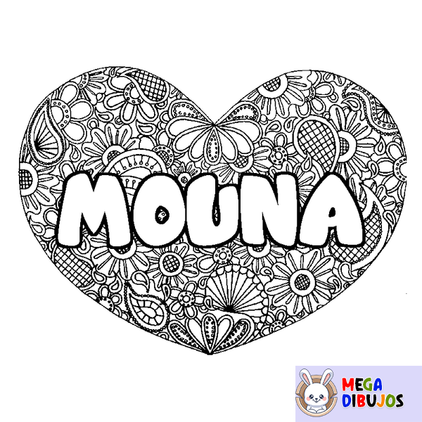 Coloraci&oacute;n del nombre MOUNA - decorado mandala de coraz&oacute;n