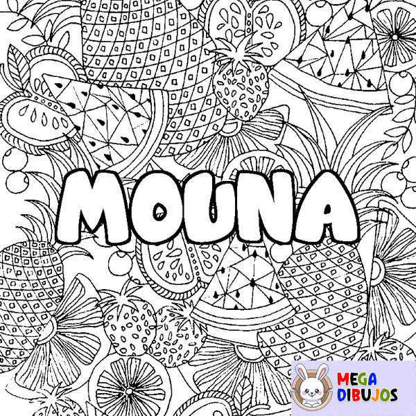 Coloraci&oacute;n del nombre MOUNA - decorado mandala de frutas