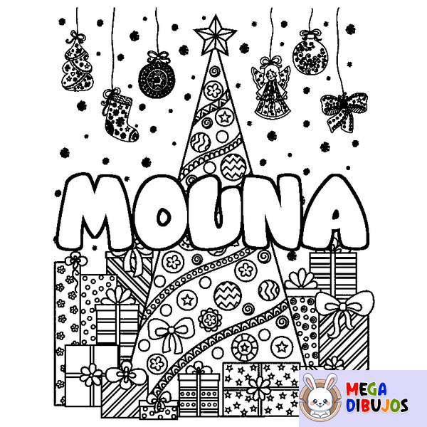 Coloraci&oacute;n del nombre MOUNA - decorado &aacute;rbol de Navidad y regalos