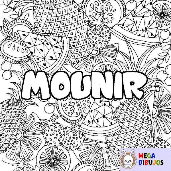 Coloraci&oacute;n del nombre MOUNIR - decorado mandala de frutas