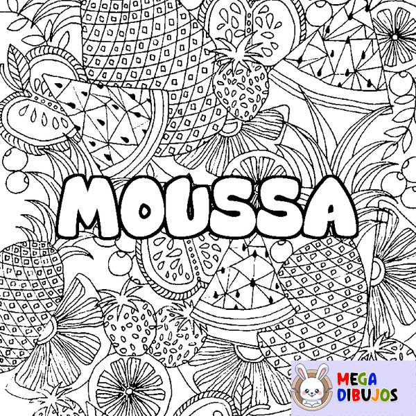 Coloraci&oacute;n del nombre MOUSSA - decorado mandala de frutas