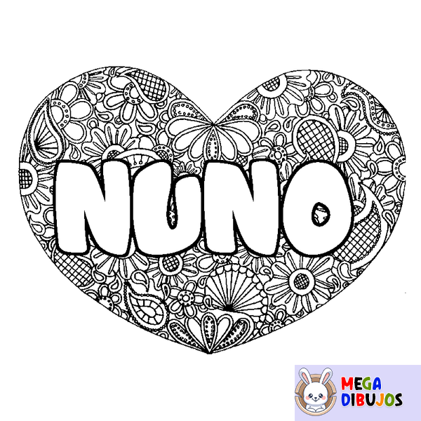 Coloraci&oacute;n del nombre NUNO - decorado mandala de coraz&oacute;n