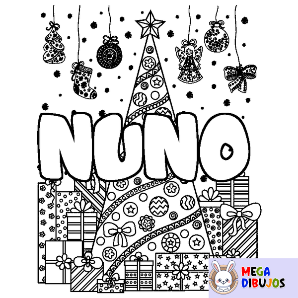 Coloraci&oacute;n del nombre NUNO - decorado &aacute;rbol de Navidad y regalos