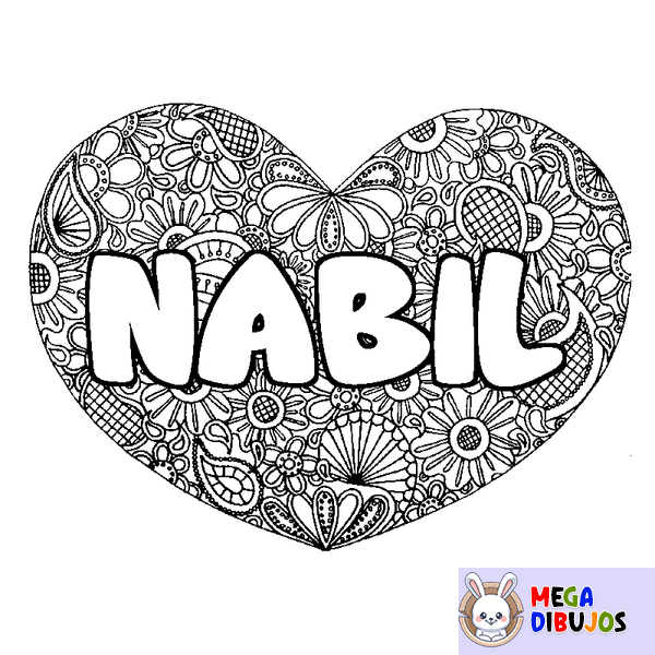 Coloraci&oacute;n del nombre NABIL - decorado mandala de coraz&oacute;n
