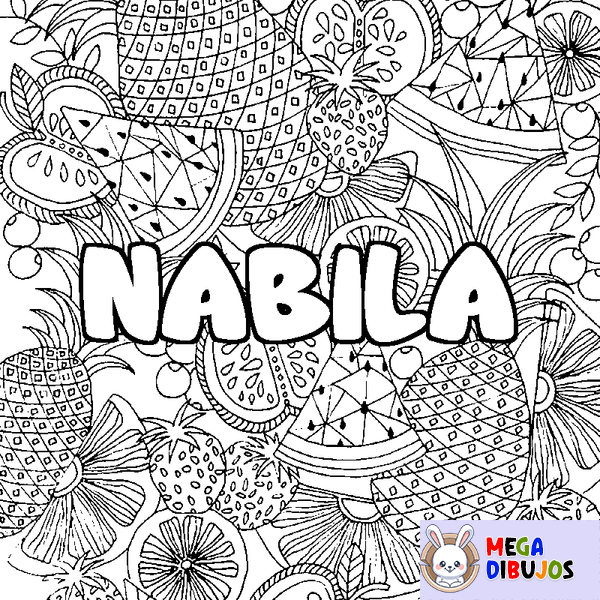 Coloraci&oacute;n del nombre NABILA - decorado mandala de frutas