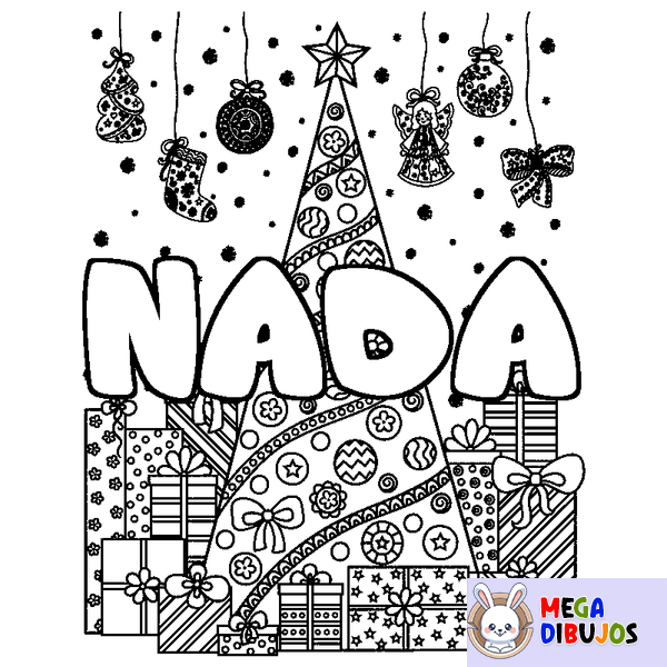 Coloraci&oacute;n del nombre NADA - decorado &aacute;rbol de Navidad y regalos