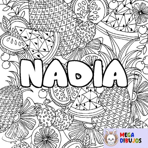 Coloraci&oacute;n del nombre NADIA - decorado mandala de frutas