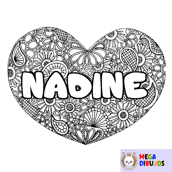 Coloraci&oacute;n del nombre NADINE - decorado mandala de coraz&oacute;n