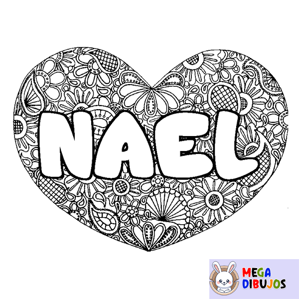 Coloraci&oacute;n del nombre NAEL - decorado mandala de coraz&oacute;n