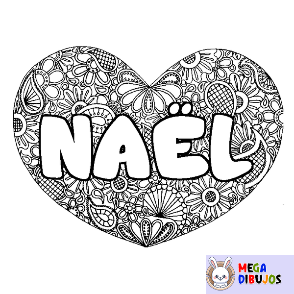 Coloraci&oacute;n del nombre NA&Euml;L - decorado mandala de coraz&oacute;n