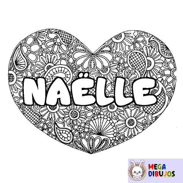 Coloraci&oacute;n del nombre NA&Euml;LLE - decorado mandala de coraz&oacute;n