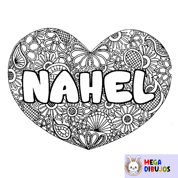 Coloraci&oacute;n del nombre NAHEL - decorado mandala de coraz&oacute;n