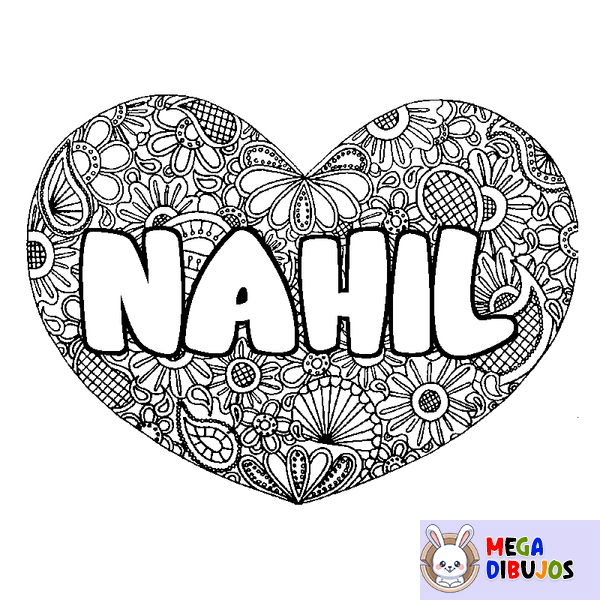 Coloraci&oacute;n del nombre NAHIL - decorado mandala de coraz&oacute;n