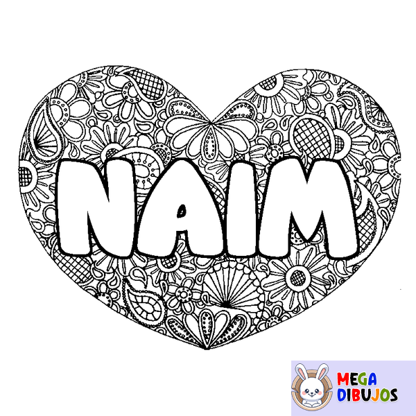 Coloraci&oacute;n del nombre NAIM - decorado mandala de coraz&oacute;n
